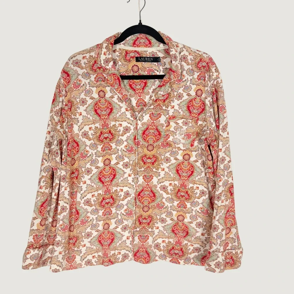 Lauren Ralph Lauren Womens Pajama Set Red Paisley Cotton Blend Large LRL Lounger